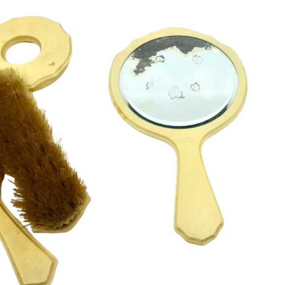 ANTIQUE FRENCH IVORY CELLULOID VANITY BOX, 2 BRUSHES, & MIRROR LOT OF 4 - Picture 4 of 4